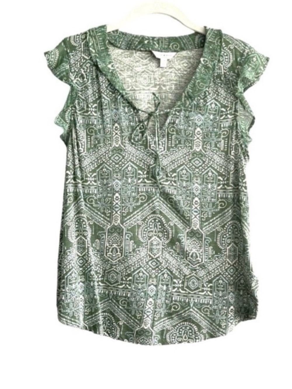 Lucky Brand Flutter Sleeve Blouse Boho Ruffle Split Neck Green Blue Size S